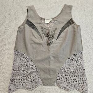 Vtg Linen Blend Sleeveless Crochet Tank Top Taupe Beige Size M Boho Festival